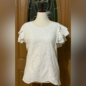 Solitaire Cream Floral Ruffle Sleeve Blouse